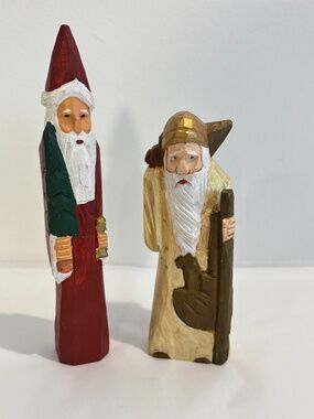 SET OF TWO vintage artist painted wood carved figures Santa & Father Christmas